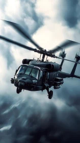 Stealth military helicopter cutting through storm clouds.