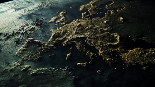 Rendered oblique view shows shaded relief model of Europe