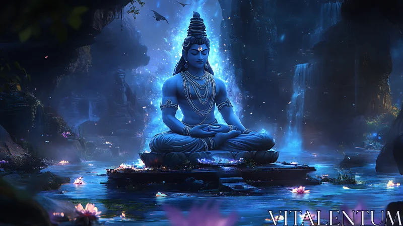 Serene blue deity meditating in luminous waterfall grotto