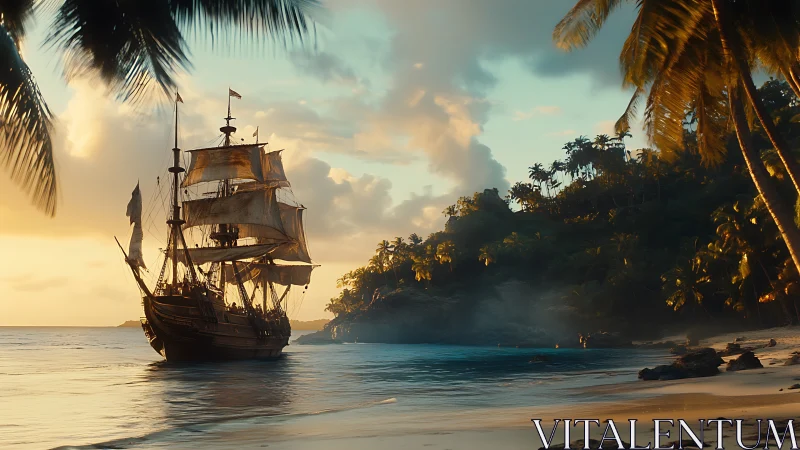 Golden-hour pirate ship drifts gently by a quiet tropical cove