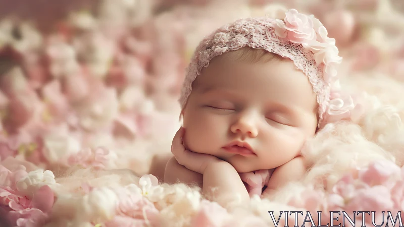 Sleeping newborn with pink lace headband and flowers.