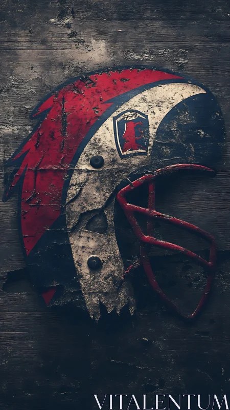 Weathered football helmet emblem on distressed timber wall.