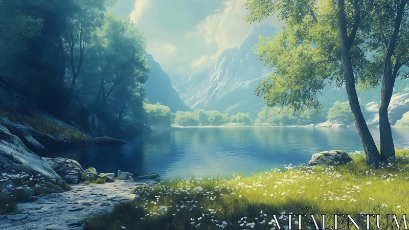 Serene alpine lake under soft atmospheric perspective lighting