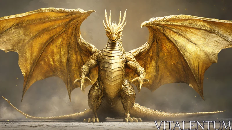 Golden dragon stands in swirling mist, radiating fierce power