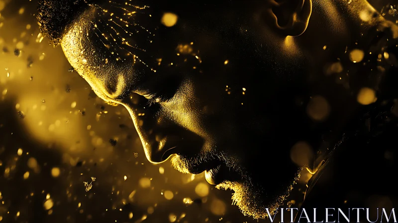 Intense golden portrait of man in drifting glowing particles.