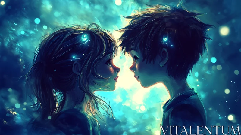 Starlit kids share a gentle moment in glowing blue light.