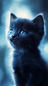 Black Cat with Striking Blue Eyes in Ethereal Blue Light.