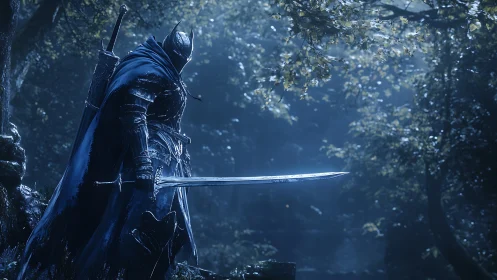 Lone armored knight resting in a moonlit forest glade.