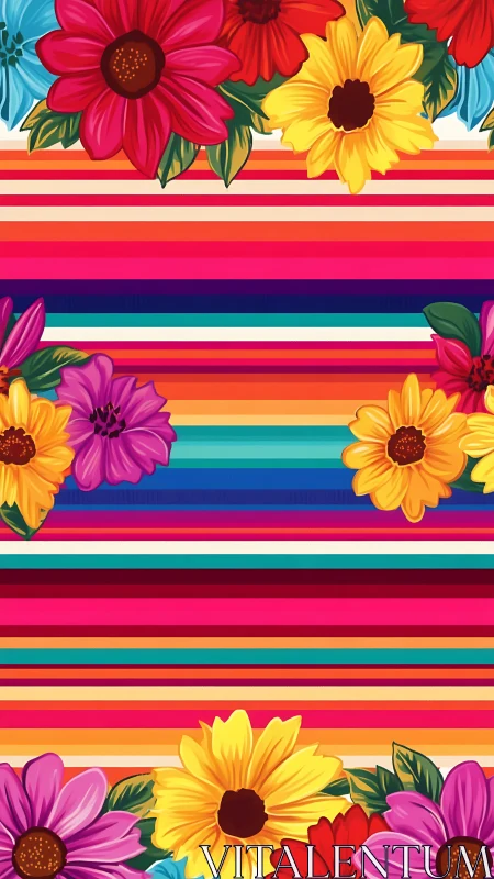 Vibrant Floral Stripes: Colorful Blooms Border Rainbow Design.