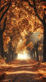 Sunlit autumn forest path lined with tall golden trees.