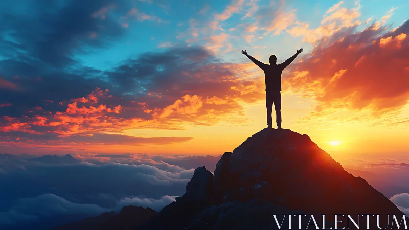 Silhouette on mountain summit against layered cloud sunset.