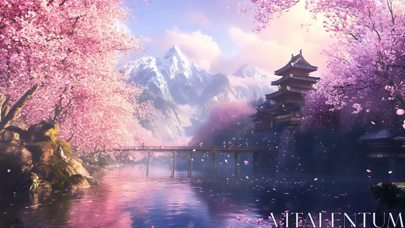 Cherry blossom riverside temple with bridge and mountains.