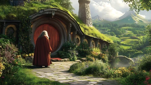Gentle wizard arriving at a cozy hillside hobbit doorway.