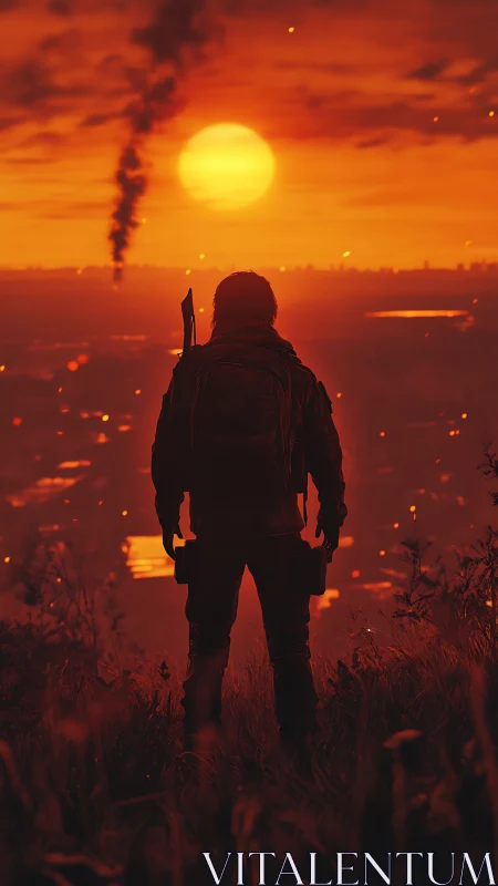 Backlit survivor observes burning cityscape under saturated red sun