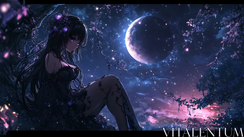 Nocturnal anime figure under crescent moonlit nebula sky