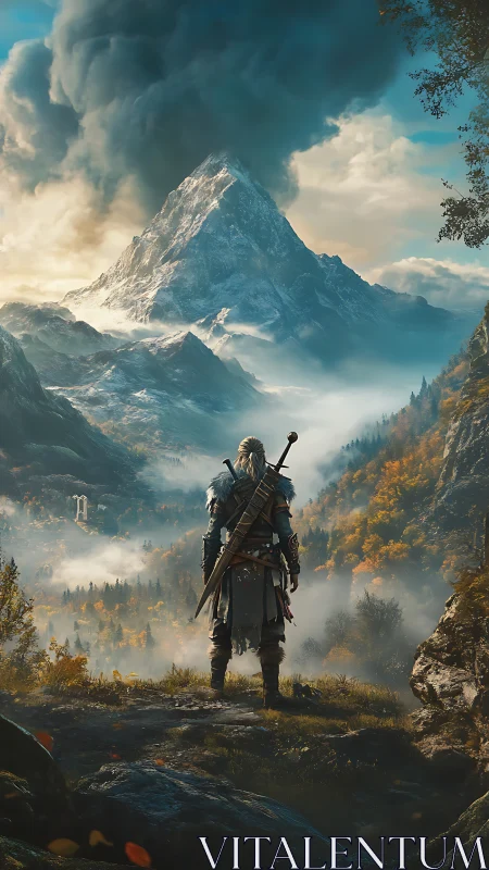 Lone adventurer gazes toward a misty, storm-crowned peak.
