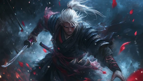 Kinetic digital portrait of silver‑haired armored swordfighter.