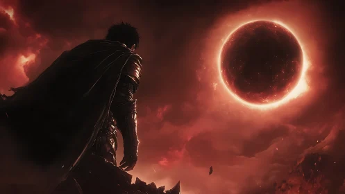 Armored wanderer under apocalyptic crimson solar eclipse