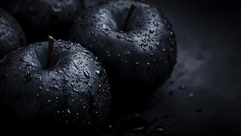 Midnight apples glistening with misty droplets of wonder.