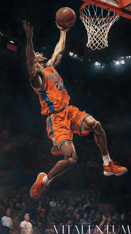 Basketball player captured mid-air dunk in dynamic digital realism