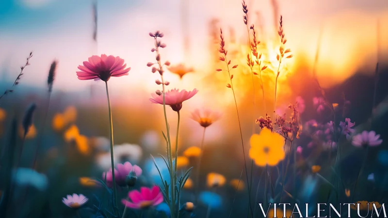 Wildflower Field at Sunset: Soft-Focus Floral Landscape with Warm Golden Light.