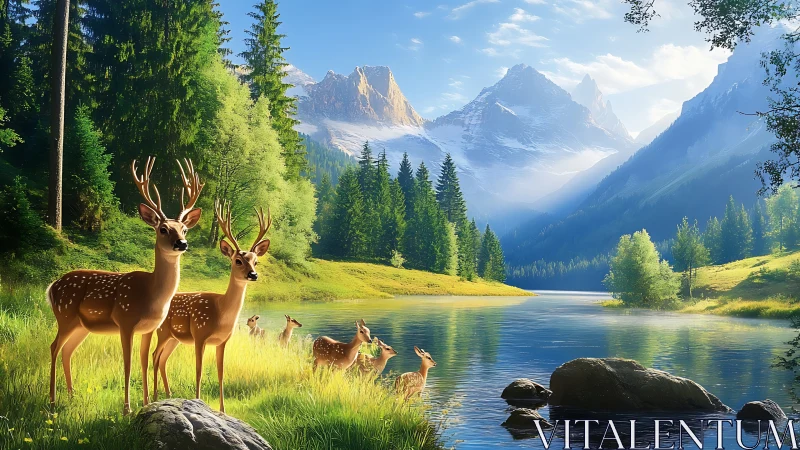 Radiant deer herd stands by alpine lake under crisp sunlight
