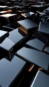 Chromed geometric blocks with reflective metallic surfaces.
