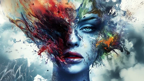 Surreal female portrait dissolves into vivid paint clouds