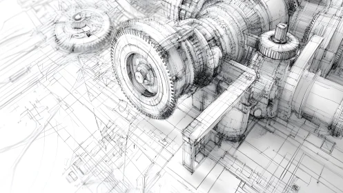 Detailed technical sketch of mechanical gears in engineering style.