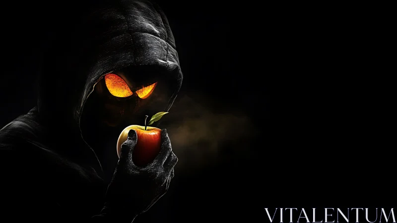 Digital painting of hooded demon figure with glowing apple.