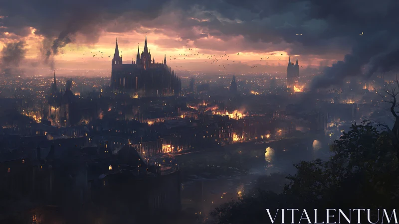 Twilight cathedral city engulfed in distant urban fires.