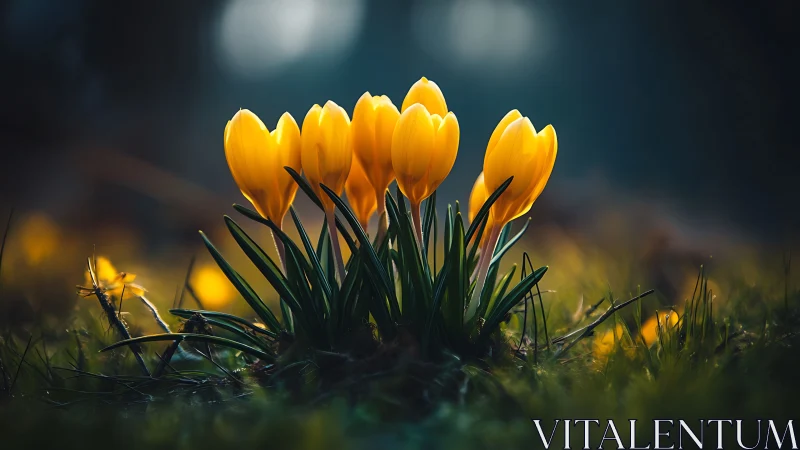 Golden Crocus Blooms with Shallow Depth Field