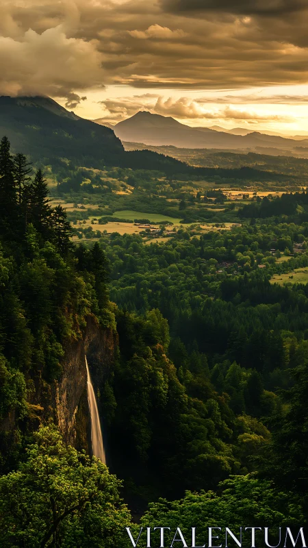 Golden hour waterfall pouring into a peaceful green valley.