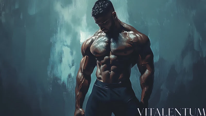 Muscular male figure stands shirtless against textured wall