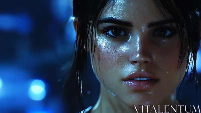 Digital female face rendered with wet skin and blue light