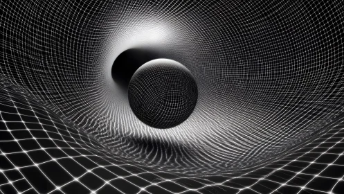 Abstract visualization of gravity with spheres and warped grid.