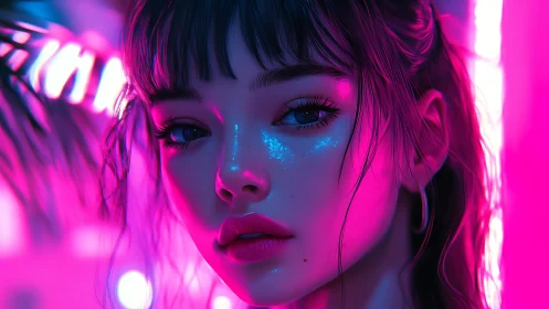 Neon siren gazes through electric twilight glowstorm.