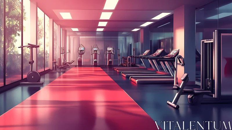 Sunrise cardio lane stretches through a glowing glass gym