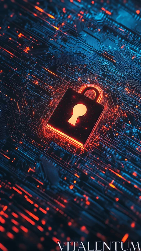 Glowing cyber lock icon secures illuminated digital circuitry