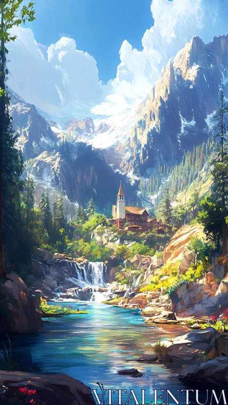 Sunlit chapel listens to waterfalls under towering alpine giants