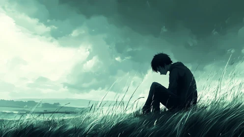 Solitary boy in windswept grass under storm sky.