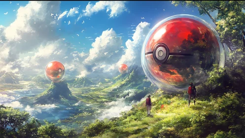 Colossal red orbs drifting above emerald adventure valleys.