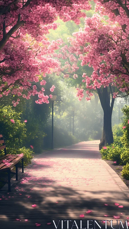 Photorealistic cherry blossom promenade with dappled light.