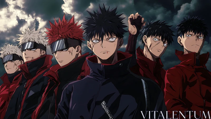 Storm-lit anime squad in red tactical jackets, intense gaze