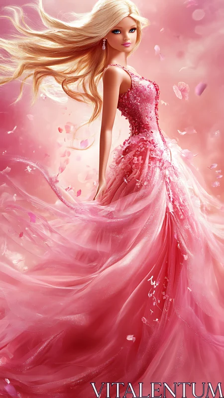 Stylized blonde female figure in flowing pink digital gown