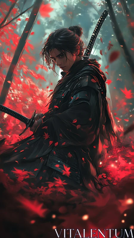 Samurai warrior stands amid crimson autumn leaves.