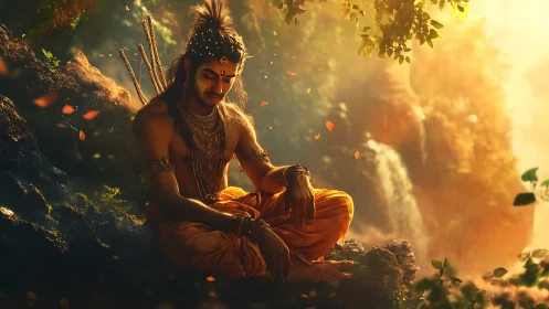 Golden forest meditation beside a gentle hidden waterfall.