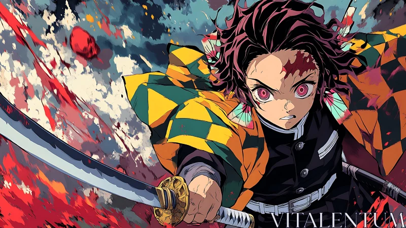 Fierce anime swordsman charging through swirling colors.