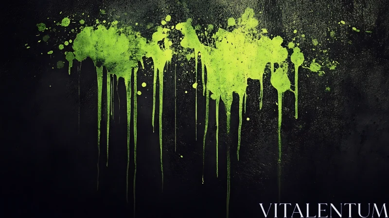 Fluorescent lime pigment drips on matte charcoal substrate.