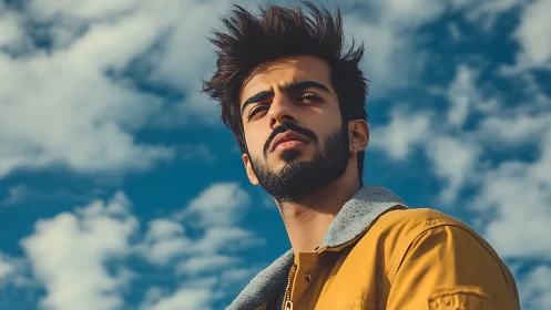 Storm-tossed hair under wandering clouds of untamed blue sky.